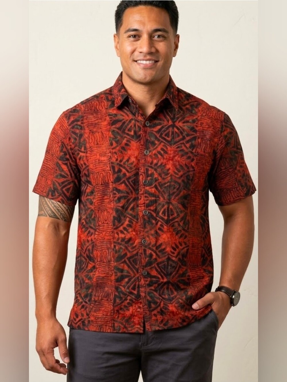 Johari West Size M Men's Batik Hawaiian Shirt Geometric Forest Black Orange